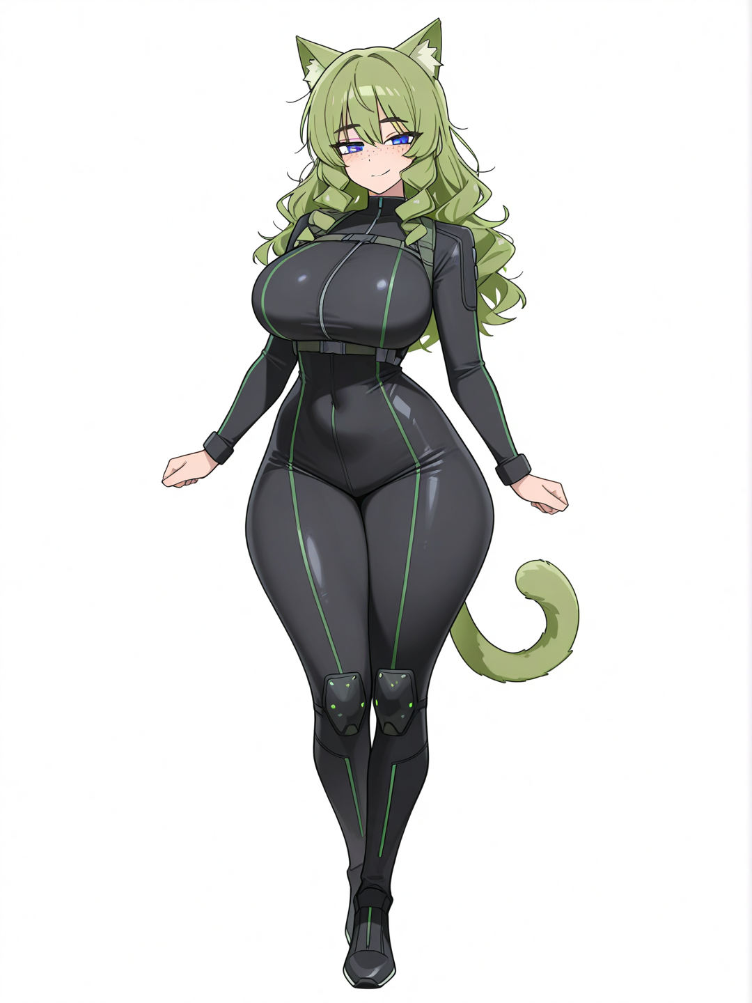 [toon-shaded-style] 1girl, curvy, green hair, curly hair, long hair, blue eyes, freckles, tan skin, black bodysuit, green cat ears, cat tail, large breasts, huge ass, thick thighs, lascivious smile, single character, full body, looking at viewer, anime style, simple background, white background