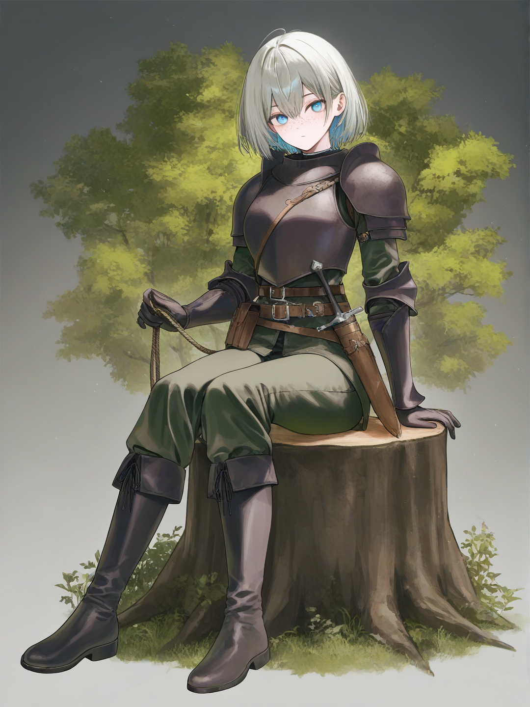 [soft-pastel-style] 1girl, curvy, grey_hair, short_hair, blue_eyes, freckles, fair_skin, dark_brown_leather_armor, green_pants, belt, sheathed_dagger, leather_boots, belt_pouch, rope, sitting, tree_stump, iron_sword, colorful_forest_background, single character, full body, looking at viewer, anime style, simple background