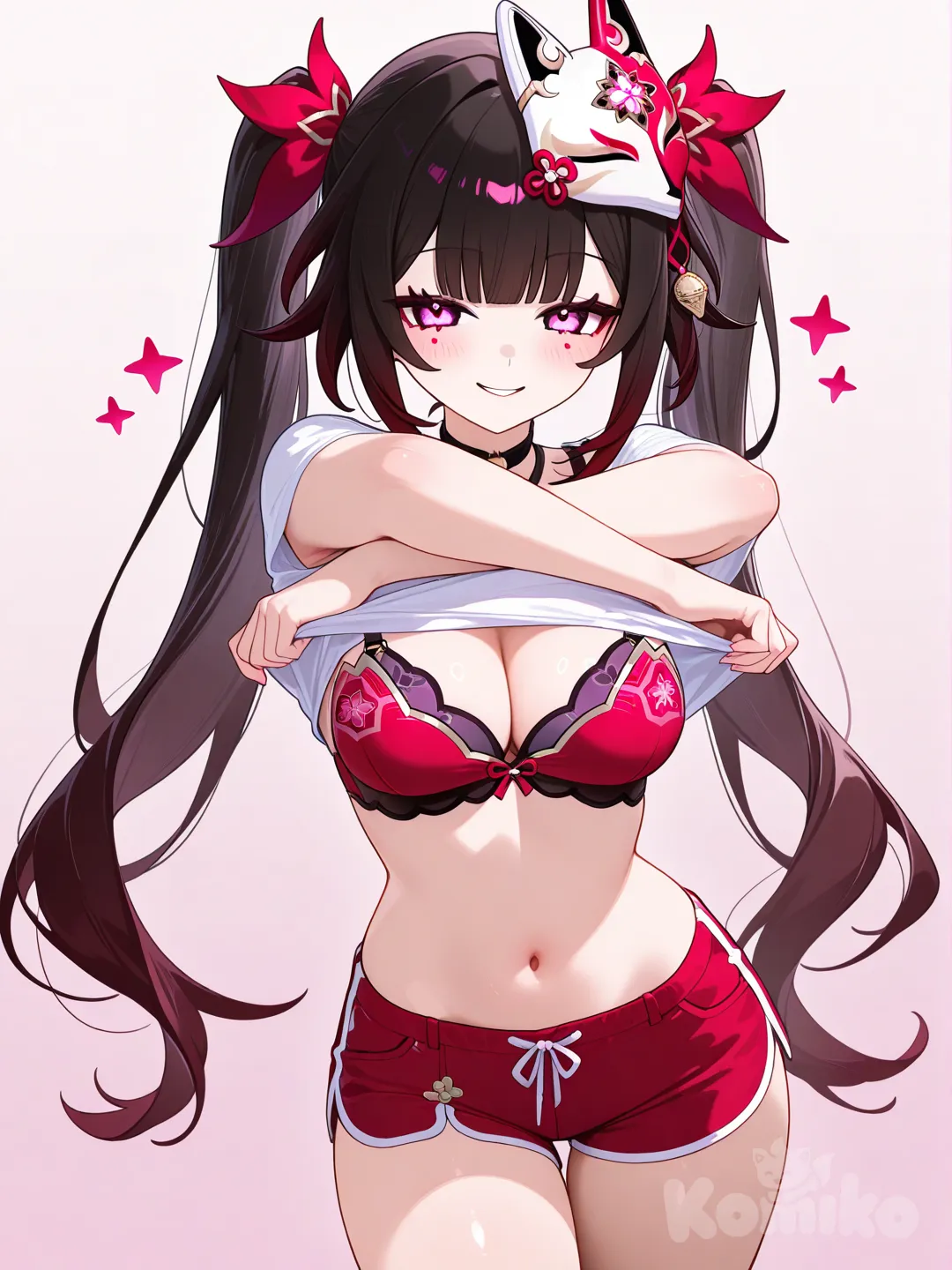 Una chica de 18 años, guapa y sexi, con pantalones cortos y top. Quitandose la ropa, dejando ver un poco su ropa interior o el sosten (solo uno de los dos), Sparkle (Honkai:Star Rail)