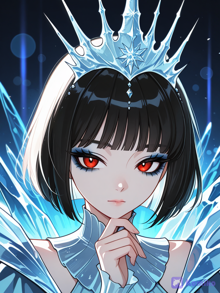 score_7, (female focus,a woman), ((digital illustration in manhwa style)), (red eyes, black bob cut, subtle makeup, eyeliner, eyeshadow),,captivating and mysterious.The style is a blend of dark fantasy and, conveying a mood of mystery and allure. The lighting is dramatic, with strong rim lighting highlighting her features and the fan, casting deep shadows and creating an ethereal, almost otherworldly atmosphere. The color palette is dominated by deep blacks and striking reds. The scene evokes a sense of dark fantasy, elegance, and alluring power. The composition is a close-up portrait with a shallow depth of field, focusing on the woman and her immediate surroundings, with bokeh effects enhancing the dreamlike quality. Cinematic lighting, high detail, dramatic. long eyelashes, sunlight, volumetric lighting, snow accessories, ice princess, snow queen, snow accessories, sitting in the protection of a giant ice phoenix, in the ice domain with the giant ice castle in the background, looking at the phoenix, hand touching its chin, happy, warm and intimate atmosphere, breathtaking atmosphere 8K resolution, vibrant colors, dreamy fantasy aesthetic, cinematic fantasy look, high detail, ultra-realistic, ethereal style, delicate softness, poetic lighting, modern digital painting aesthetic, Muted soft colors, old lighting, street style fashion, depth of field, wallpaper