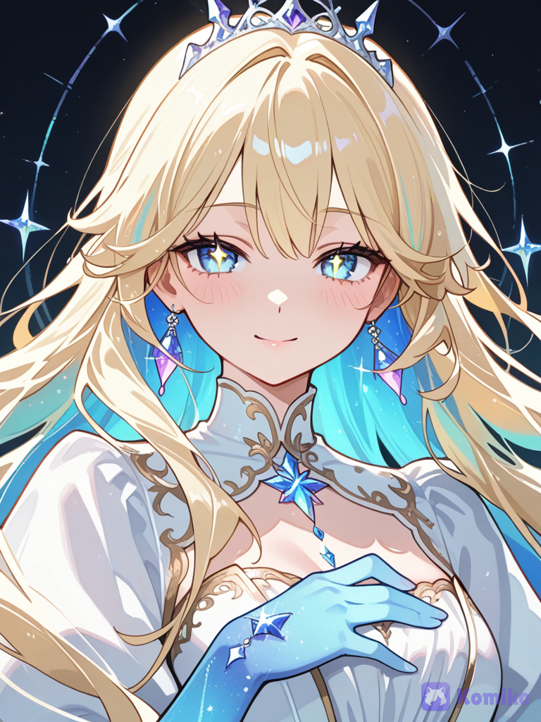 1girl, solo, beautiful, princess, crystal-colored hair, glowing skin, radiant, elegant, eyes, sparkling eyes, long hair, flowing hair, delicate features, fair skin, luminous complexion, jewelry, tiara, ethereal, fantasy, soft lighting, gentle smile, looking at viewer