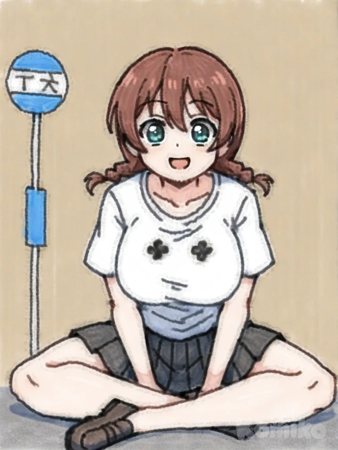 1girl, @Emma_Verde, [deep-fried-meme-style], sitting on the ground, smile, open mouth, school uniform, t-shirt, full body, bus stop, indian style