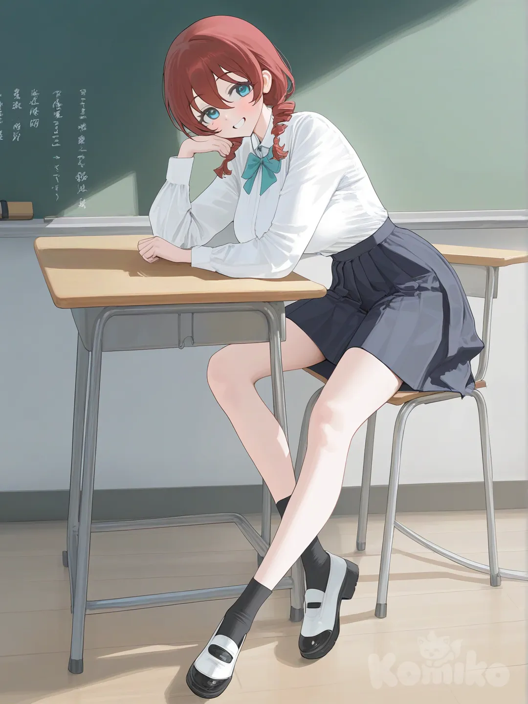 1girl, @Emma_Verde, full body, smile, indian style, school uniform, sitting, [vibrant-anime-style], classroom
