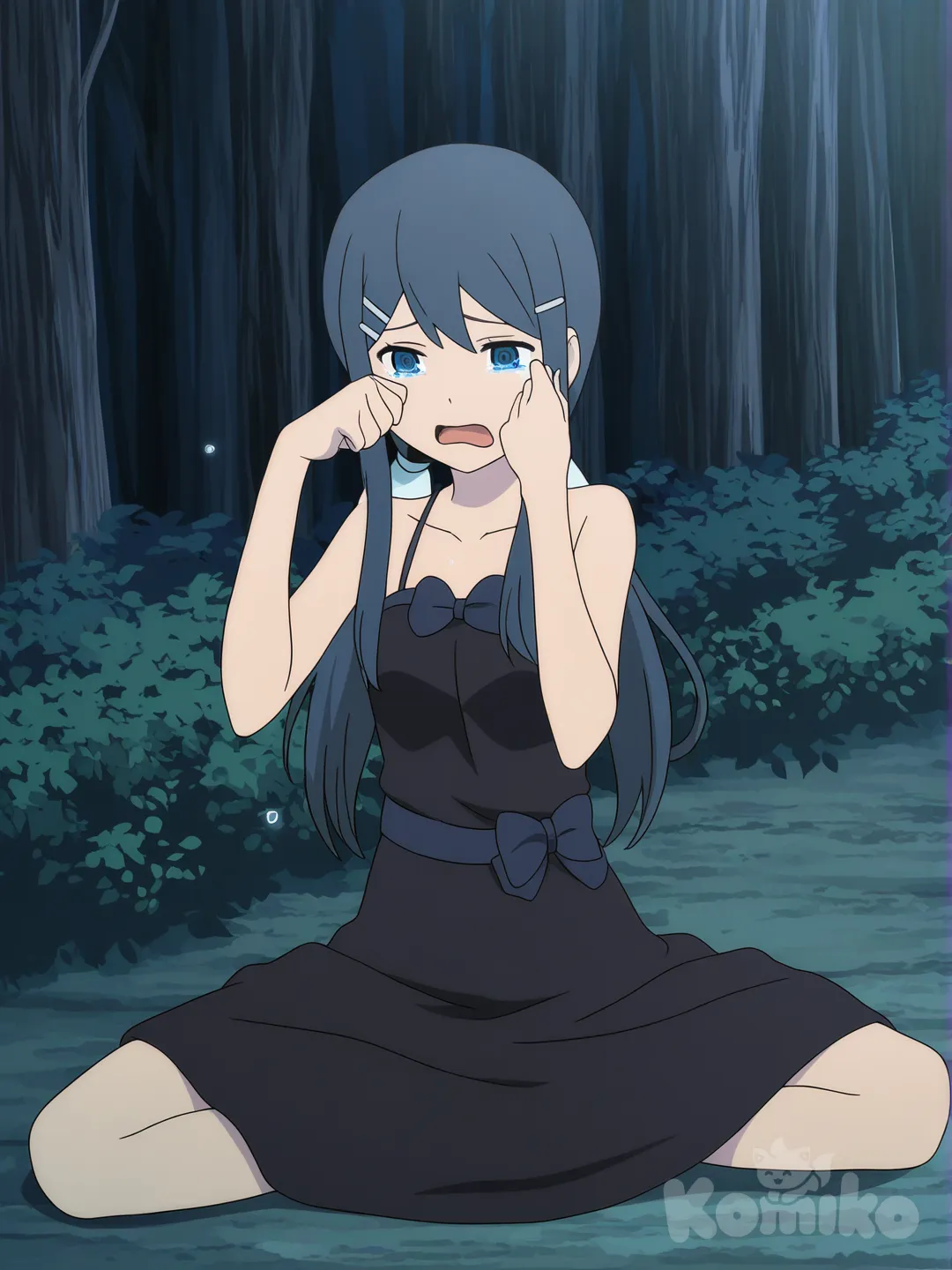 1girl, @Maizono_Sayaka, sitting on the ground, wiping tears, evening dress, bow, twin tails, [flat-anime-style], full body, forest, indian style, crying, frown, open mouth