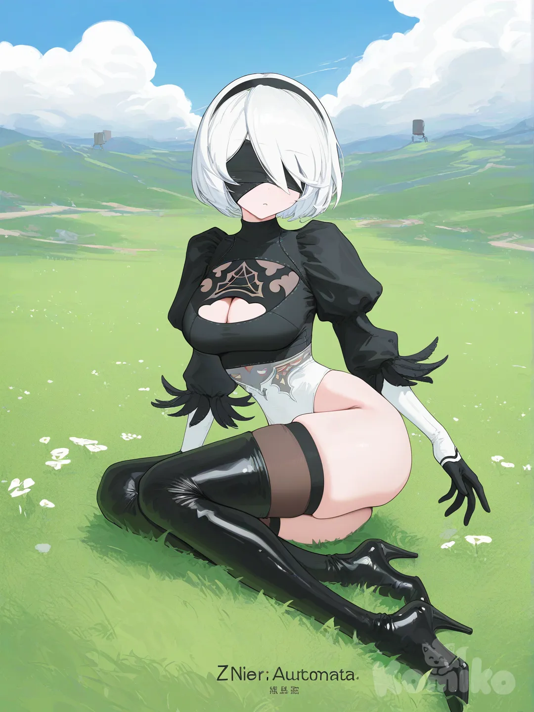 1girl, @2B_(Nier:Automata), [vibrant-anime-style], sitting on the ground, grassland, blue sky, cloud