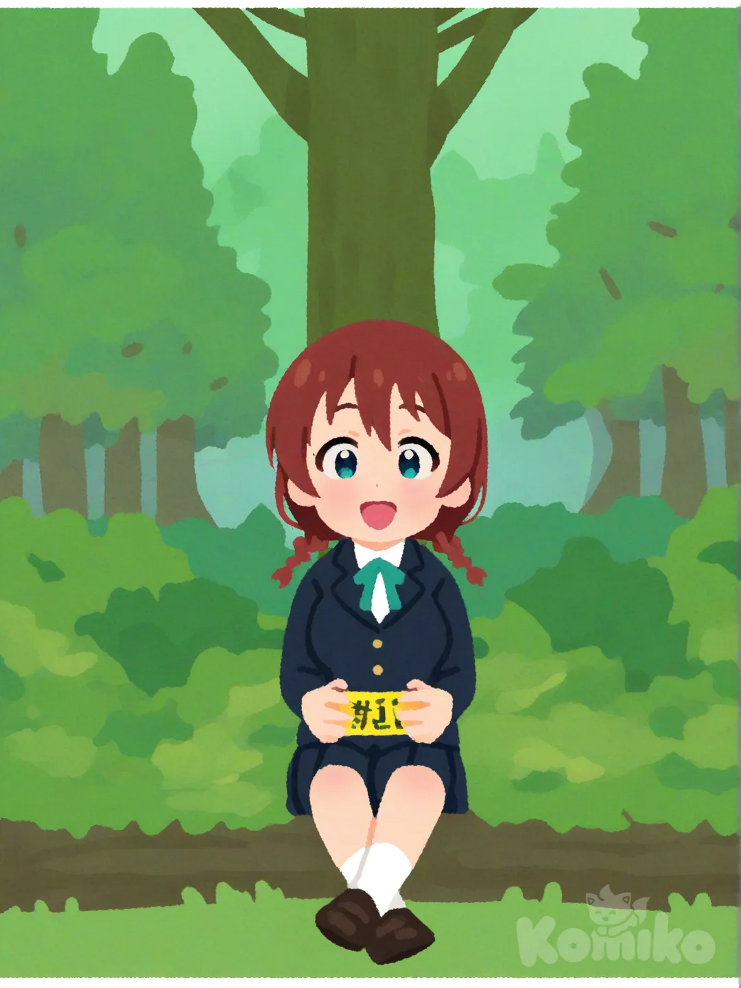 1girl, [irasutoya-style], @Emma_Verde, open mouth, full body, smile, forest, indian style, school uniform