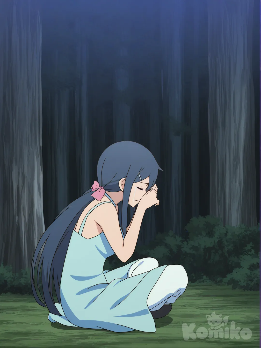 1girl, @Maizono_Sayaka, sitting on the ground, wiping tears, pants, pants, evening dress, bow, twin tails, [flat-anime-style], full body, forest, indian style