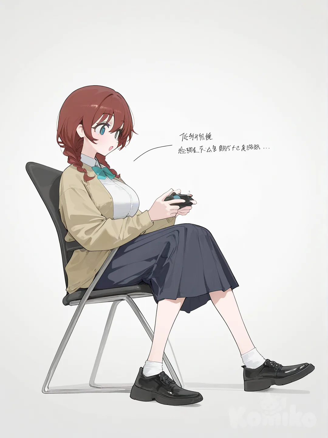 1girl, @Emma_Verde, full body, indian style, school uniform, white background, sitting, [vibrant-anime-style], holding controller, playing games, from side, gradient background