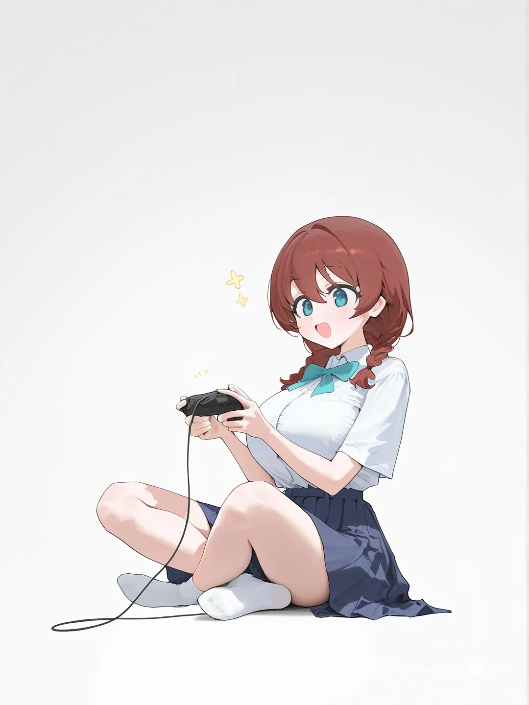 1girl, @Emma_Verde, full body, smile, indian style, school uniform, white background, sitting, [vibrant-anime-style], holding controller, playing games, from side