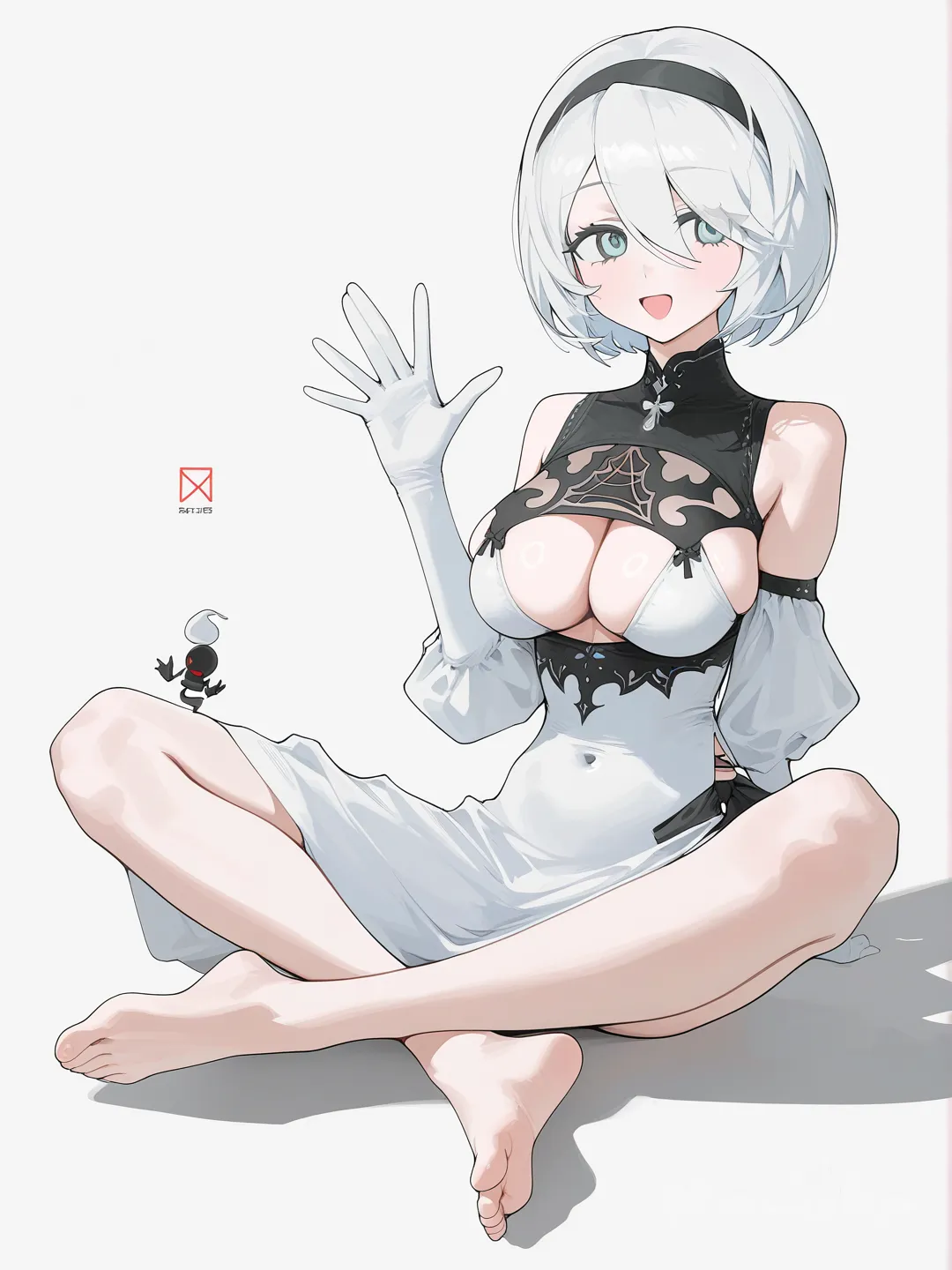 1girl, @2B_(Nier:Automata), [vibrant-anime-style], full body, white background, smile, open mouth, indian style, floating, waving, genie, levitation, shadow