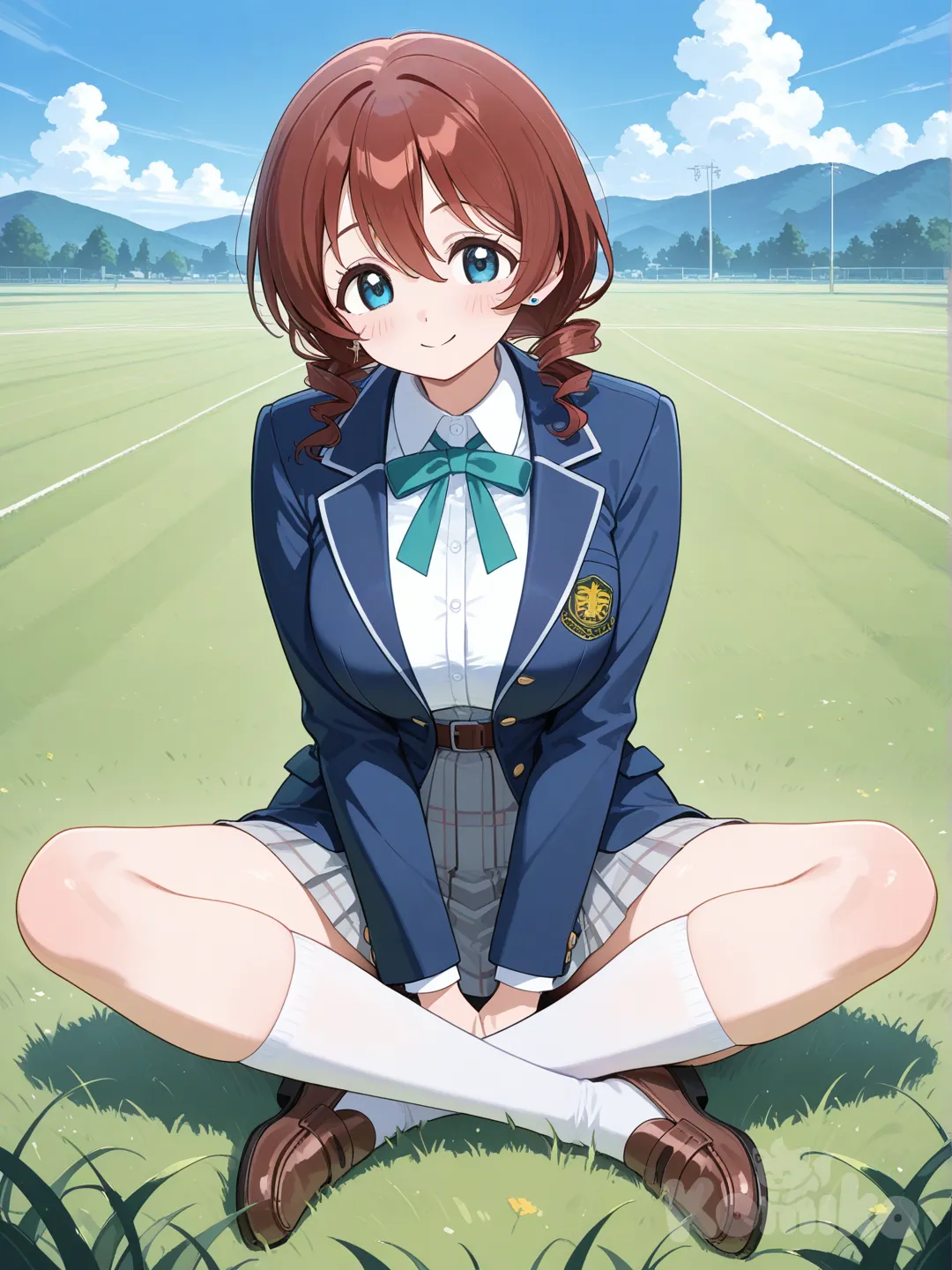 1girl, @Emma_Verde, sitting, full body, smile, indian style, school uniform, blue sky, grassland, cloud