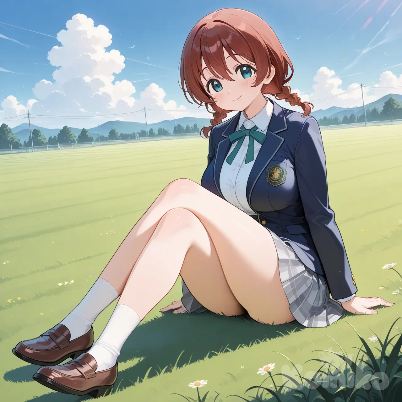 1girl, @Emma_Verde, sitting, full body, smile, indian style, blue sky, grassland, cloud, school uniform