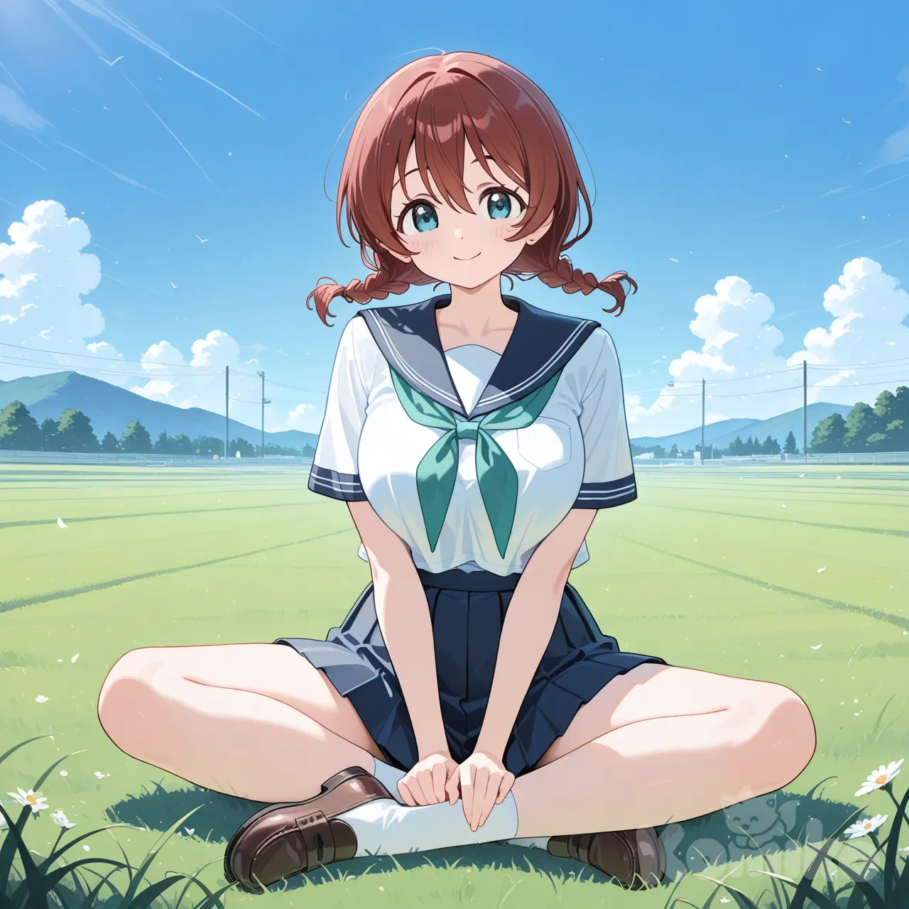 1girl, Emma Verde, sitting, full body, smile, indian style, school uniform, blue sky, grassland, cloud