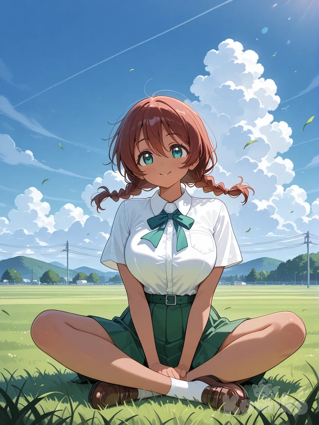 1girl, @Emma_Verde, indian style, school uniform, full body, sitting on the ground, blue sky, cloud, grassland