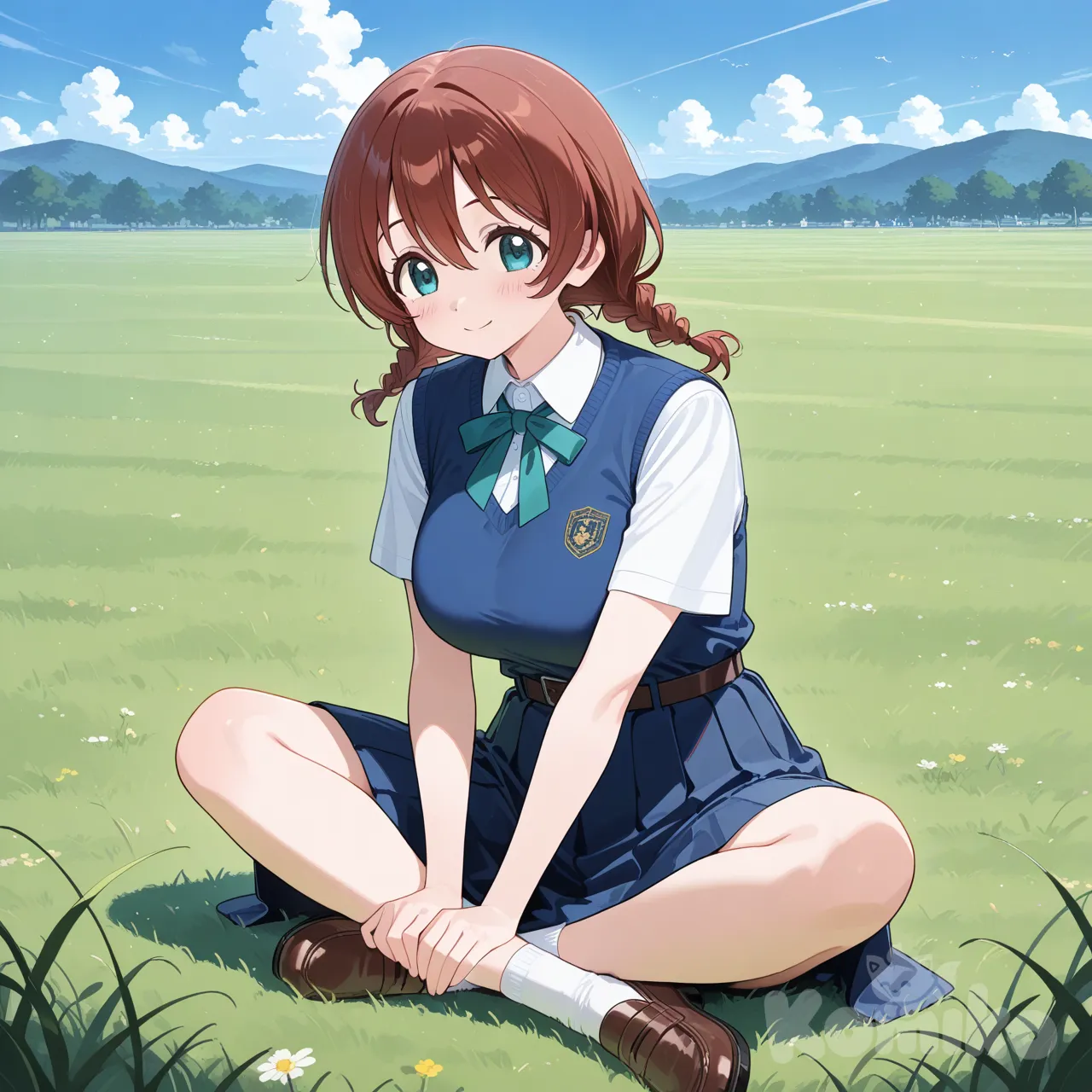 1girl, Emma Verde, indian style, school uniform, full body, sitting on the ground, blue sky, cloud, grassland