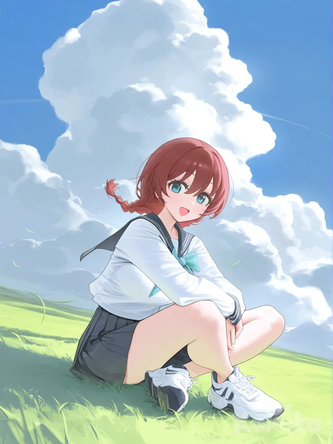 1girl, @Emma_Verde, sitting, open mouth, full body, smile, indian style, school uniform, blue sky, grassland, cloud, [vibrant-anime-style]