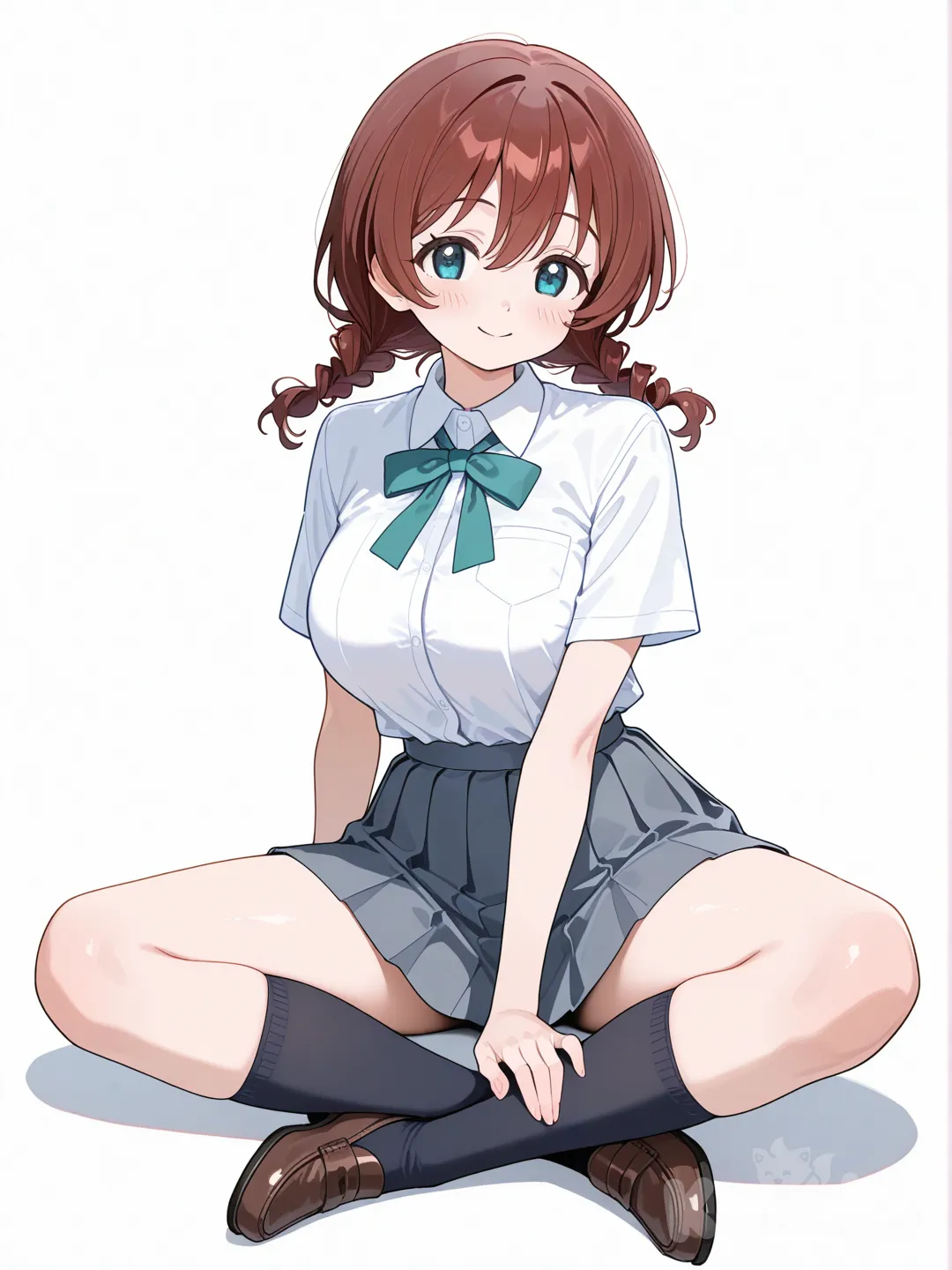 1girl, sitting, full body, smile, indian style, school uniform, white background, @Emma_Verde