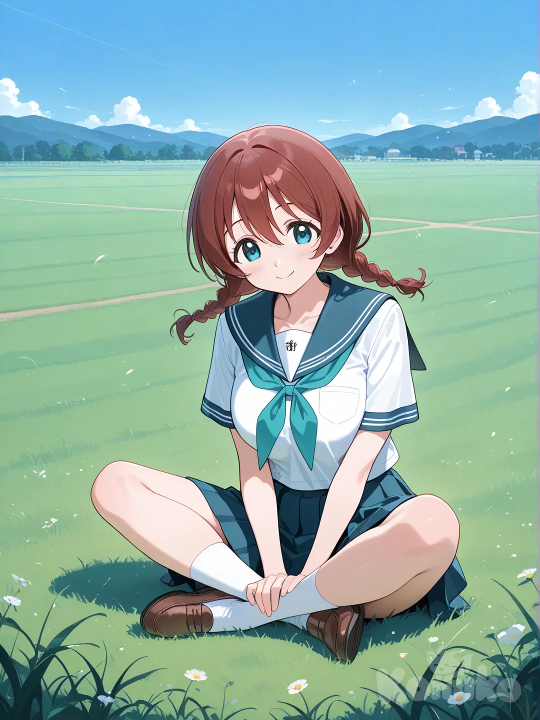 1girl, sitting, full body, smile, indian style, school uniform, Emma Verde, blue sky, grassland