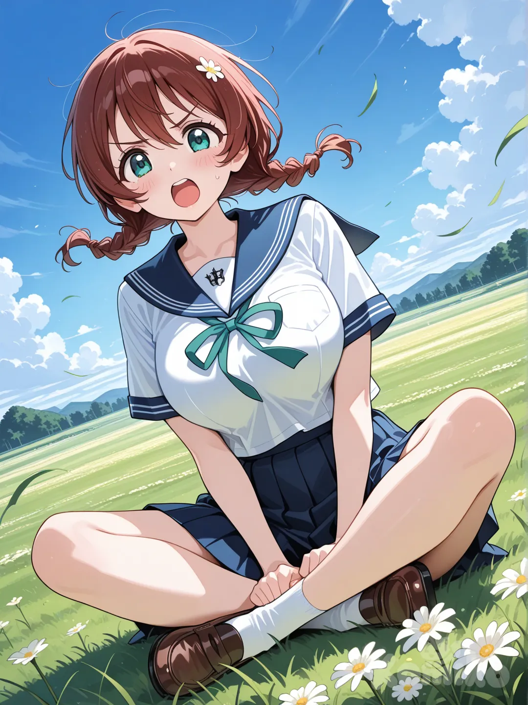 @Emma_Verde, 1girl, school uniform, sitting, full body, blue sky, grassland, angry, frown, open mouth