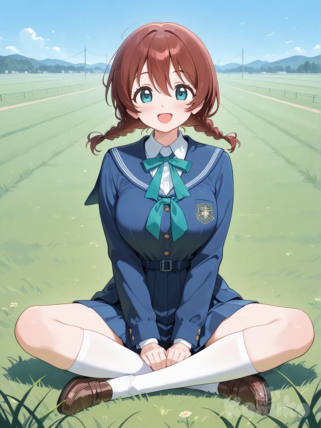 @Emma_Verde, 1girl, sitting on the ground, sitting, indian style, smile, open mouth, school uniform, full body, blue sky, grassland