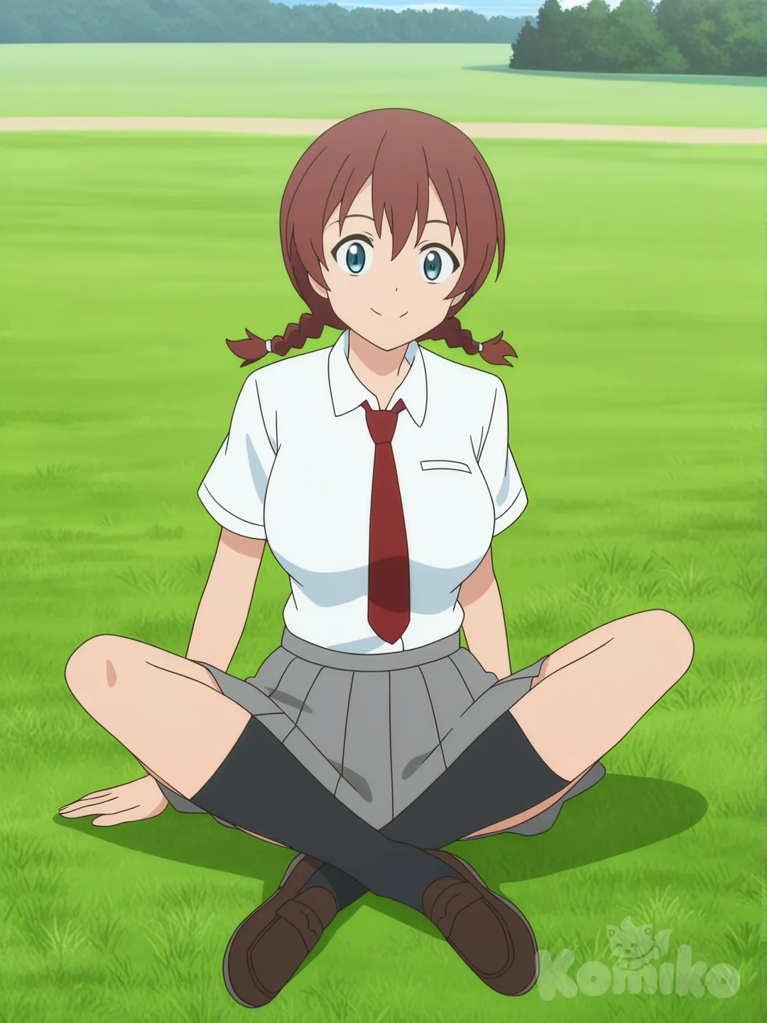 1girl, Emma Verde, sitting, full body, smile, indian style, school uniform, [flat-anime-style], blue sky, grassland