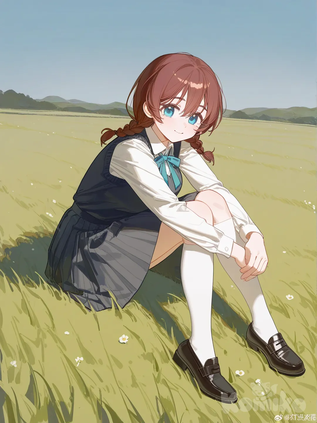 1girl, Emma Verde, sitting, full body, smile, indian style, school uniform, blue sky, grassland, [lacquered-illustration-style]