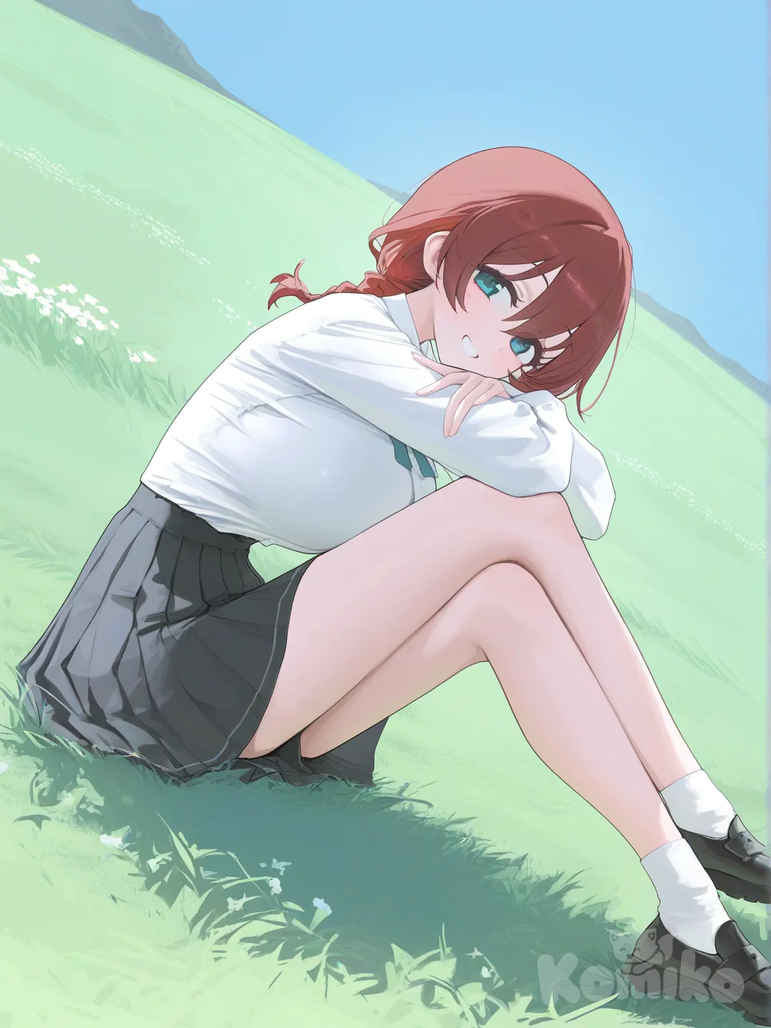 1girl, Emma Verde, sitting, full body, smile, indian style, school uniform, blue sky, grassland, [vibrant-anime-style]