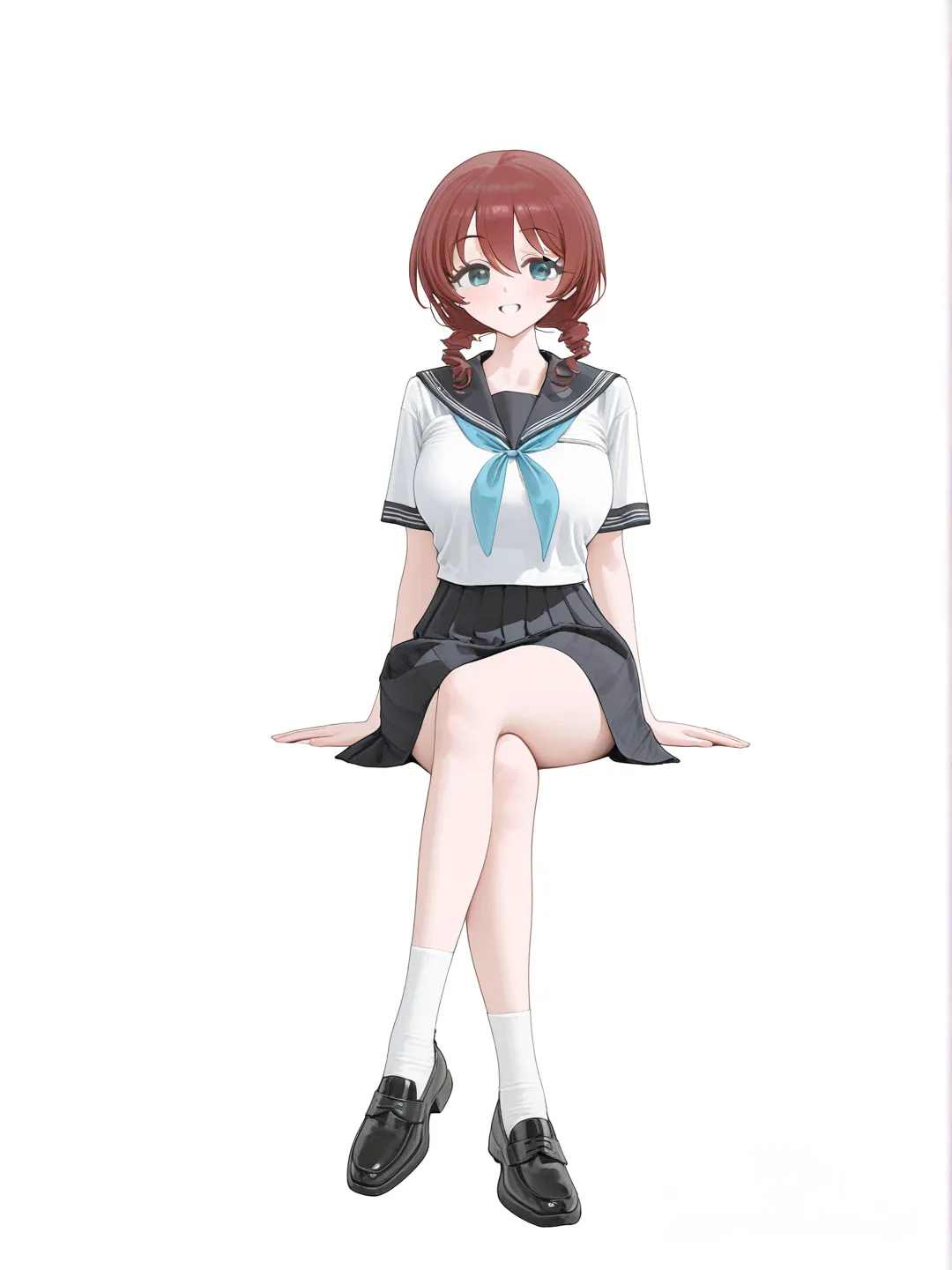 1girl, sitting, full body, smile, indian style, school uniform, white background, [vibrant-anime-style], @Emma_Verde