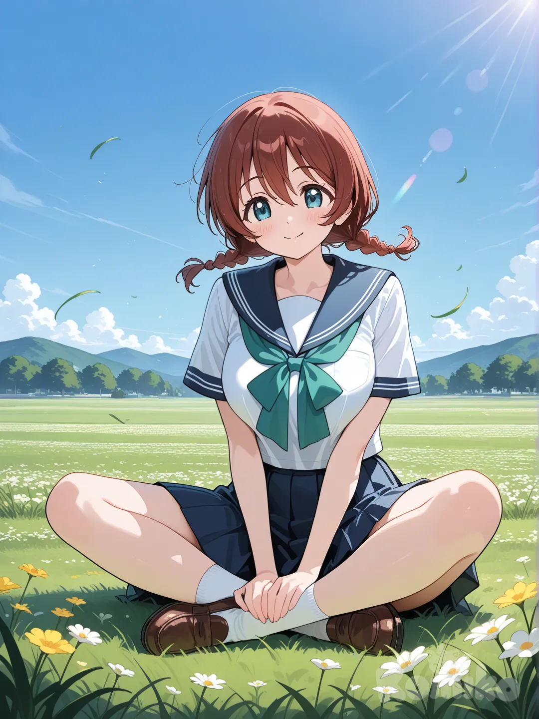 1girl, @Emma_Verde, smile, full body, blue sky, grassland, sitting, indian style, school uniform