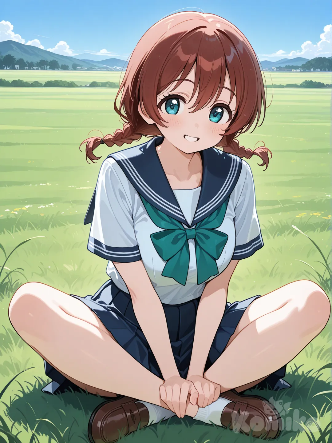 @Emma_Verde, 1girl, sitting, school uniform, full body, blue sky, grassland, indian style, smile