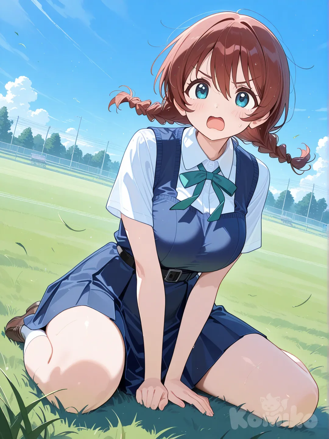 1girl, school uniform, sitting, full body, blue sky, grassland, angry, frown, open mouth, @Emma_Verde