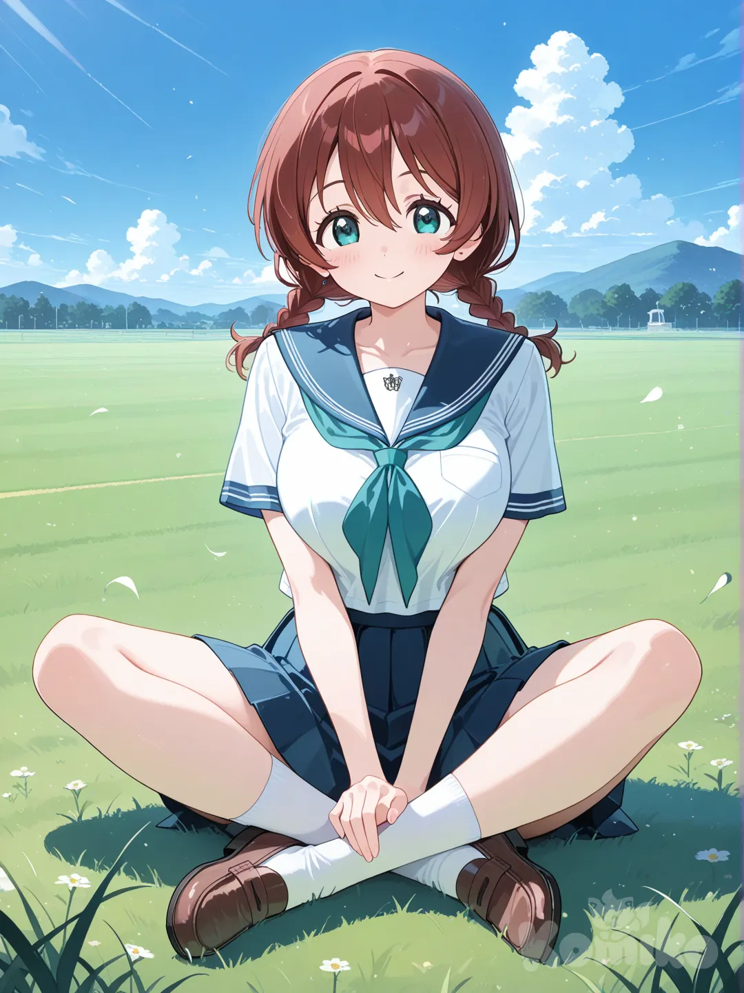 1girl, Emma Verde, full body, smile, indian style, school uniform, blue sky, cloud, grassland