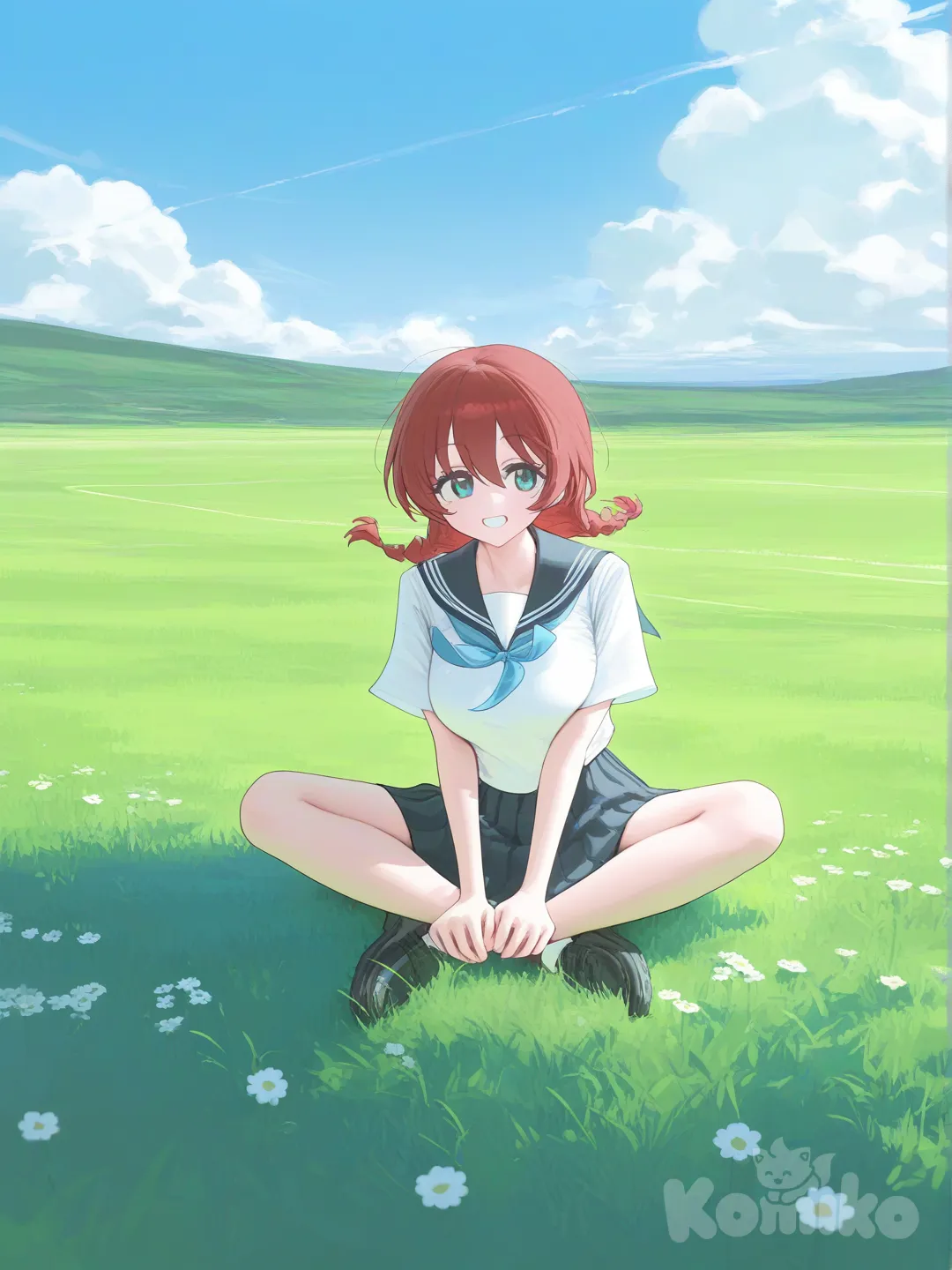 1girl, Emma Verde, full body, smile, indian style, school uniform, blue sky, cloud, grassland, [vibrant-anime-style]