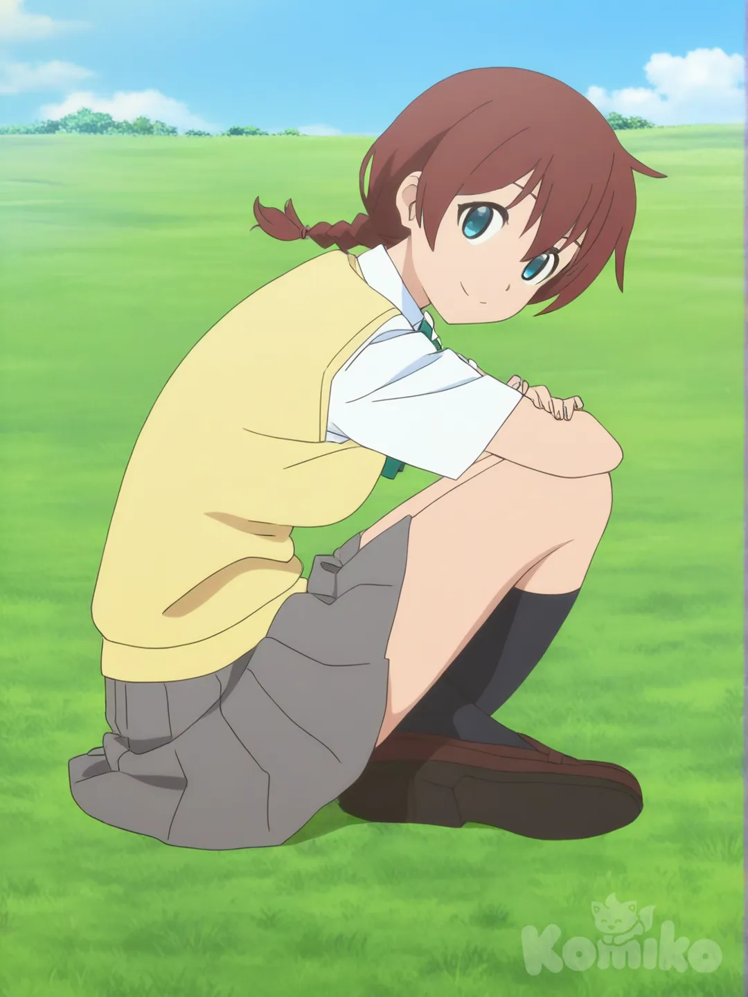 1girl, @Emma_Verde, sitting, full body, smile, indian style, school uniform, blue sky, grassland, [flat-anime-style]
