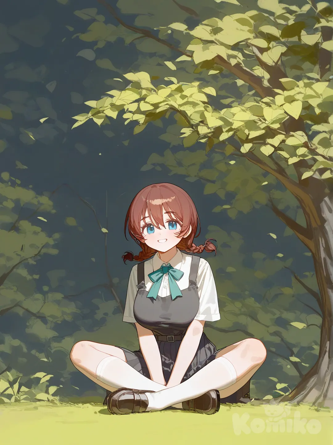 1girl, Emma Verde, sitting, full body, smile, indian style, school uniform, forest, sitting on the ground, [lacquered-illustration-style]