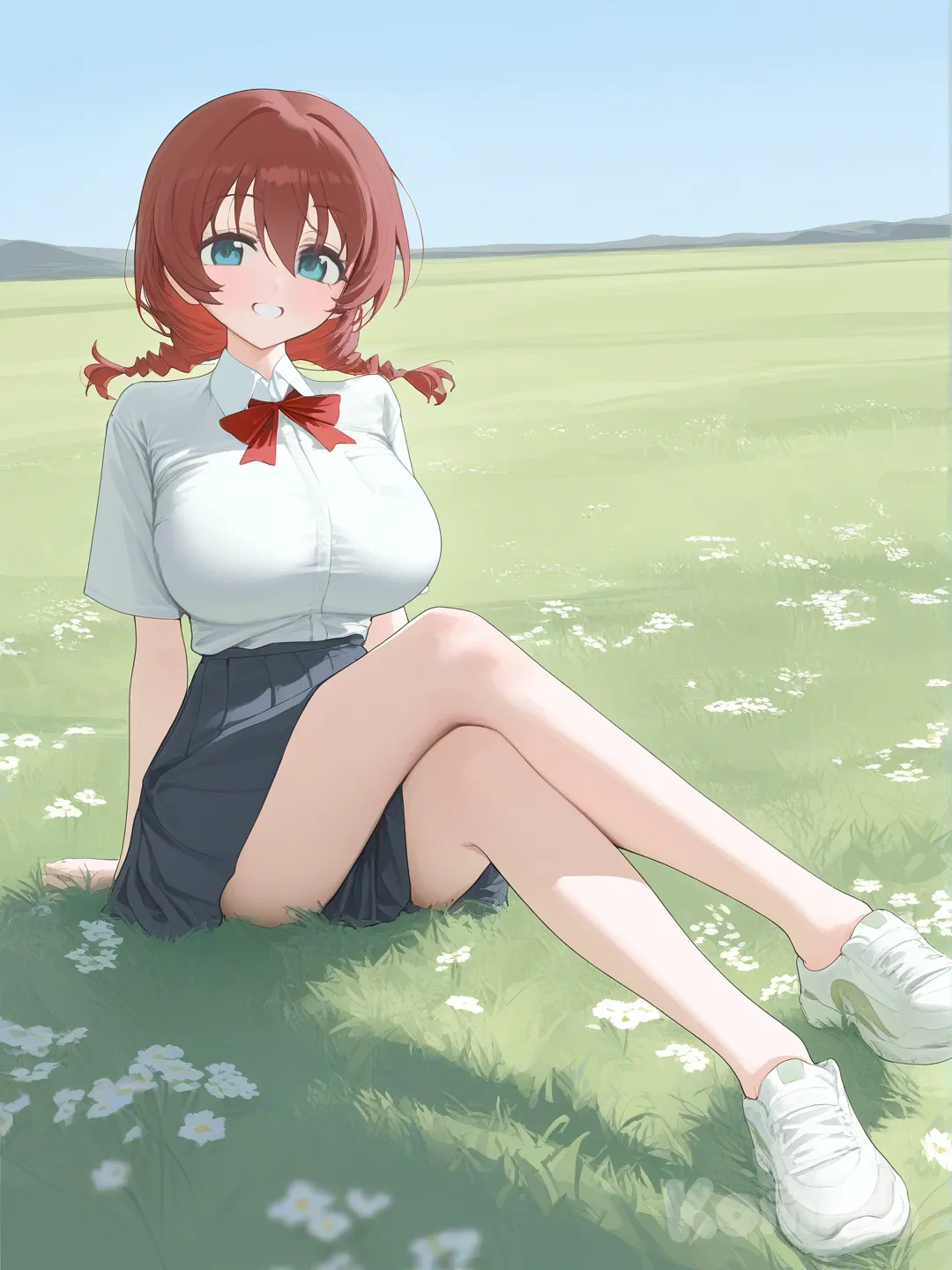 1girl, Emma Verde, smile, indian style, school uniform, [vibrant-anime-style], sitting on the ground, full body, blue sky, grassland