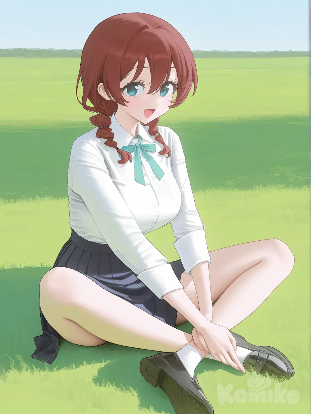 1girl, Emma Verde, smile, indian style, school uniform, [vibrant-anime-style], sitting on the ground, full body, blue sky, grassland, @Emma_Verde