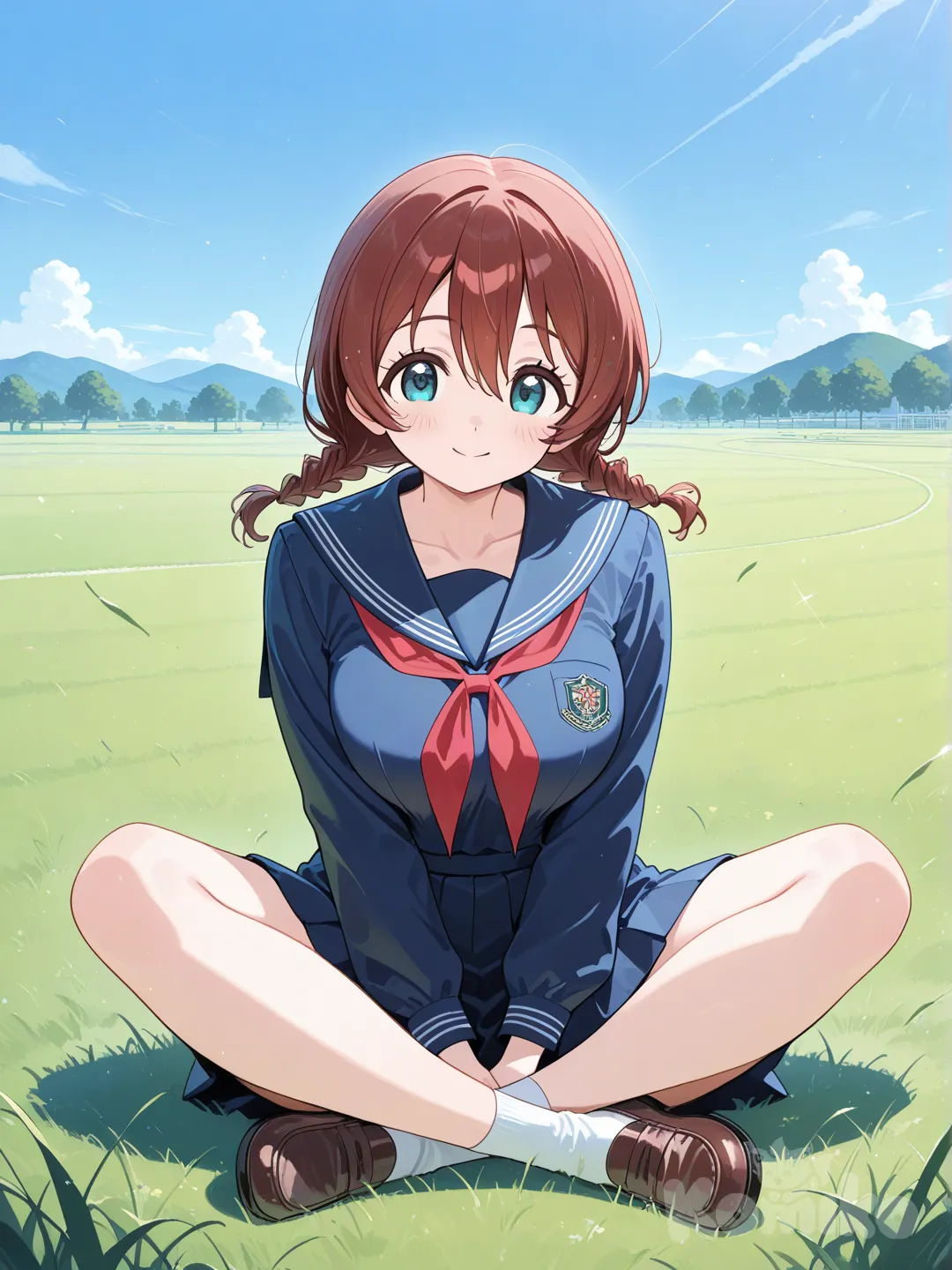 1girl, Emma Verde, smile, indian style, school uniform, sitting on the ground, full body, blue sky, grassland, Emma Verde