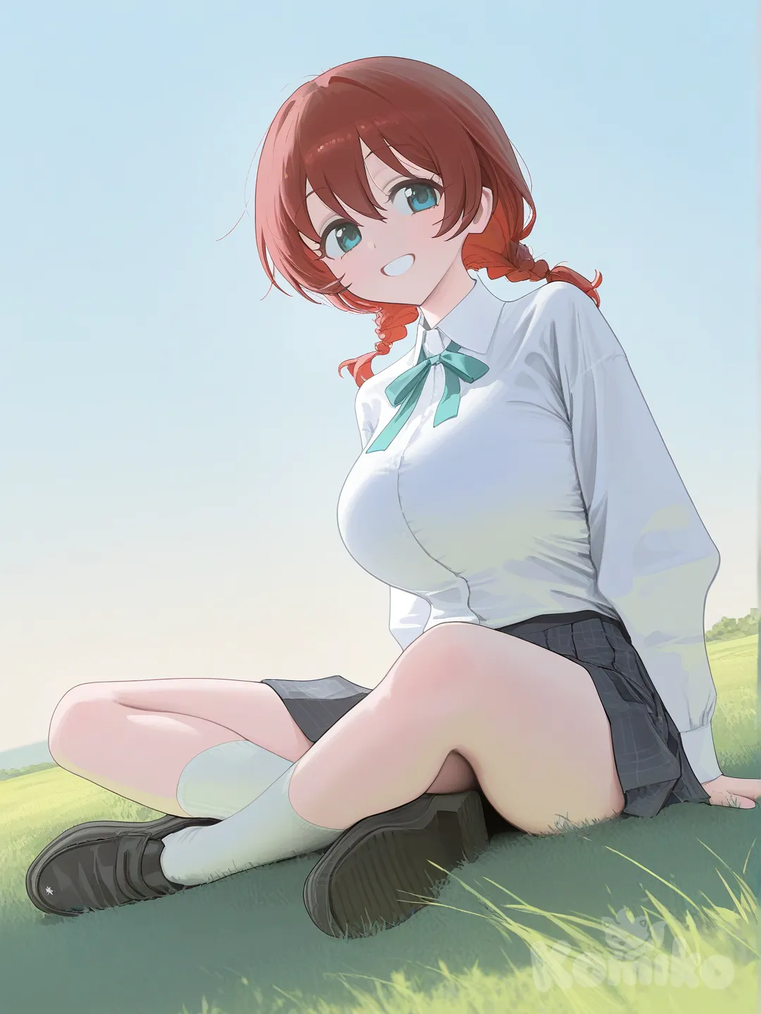 Emma Verde, sitting, full body, smile, indian style, school uniform, [vibrant-anime-style], @Emma_Verde, 1girl, sitting on the ground, blue sky, grassland