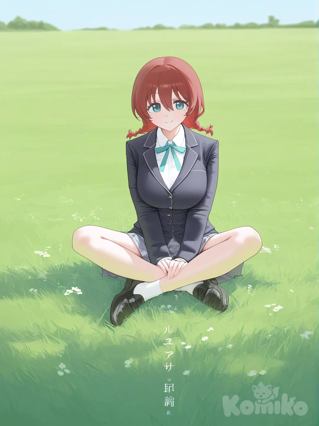 Emma Verde, sitting, full body, smile, indian style, school uniform, [vibrant-anime-style], @Emma_Verde, 1girl, sitting on the ground, blue sky, grassland