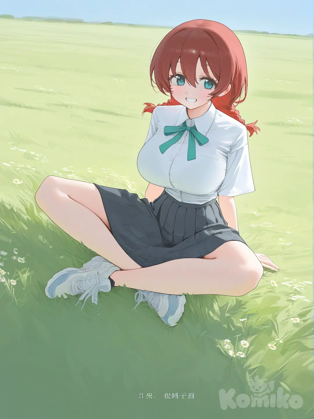 1girl, Emma Verde, sitting, full body, smile, indian style, school uniform, [vibrant-anime-style], blue sky, grassland, sitting on the ground