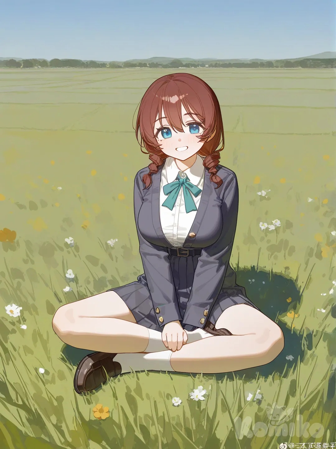 1girl, Emma Verde, sitting, full body, smile, indian style, school uniform, blue sky, grassland, [lacquered-illustration-style]