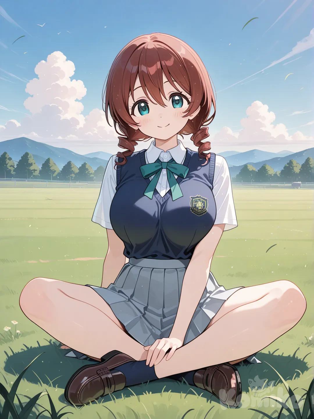 1girl, Emma Verde, full body, smile, indian style, school uniform, blue sky, cloud, grassland, sitting on the ground, school vest, on grass