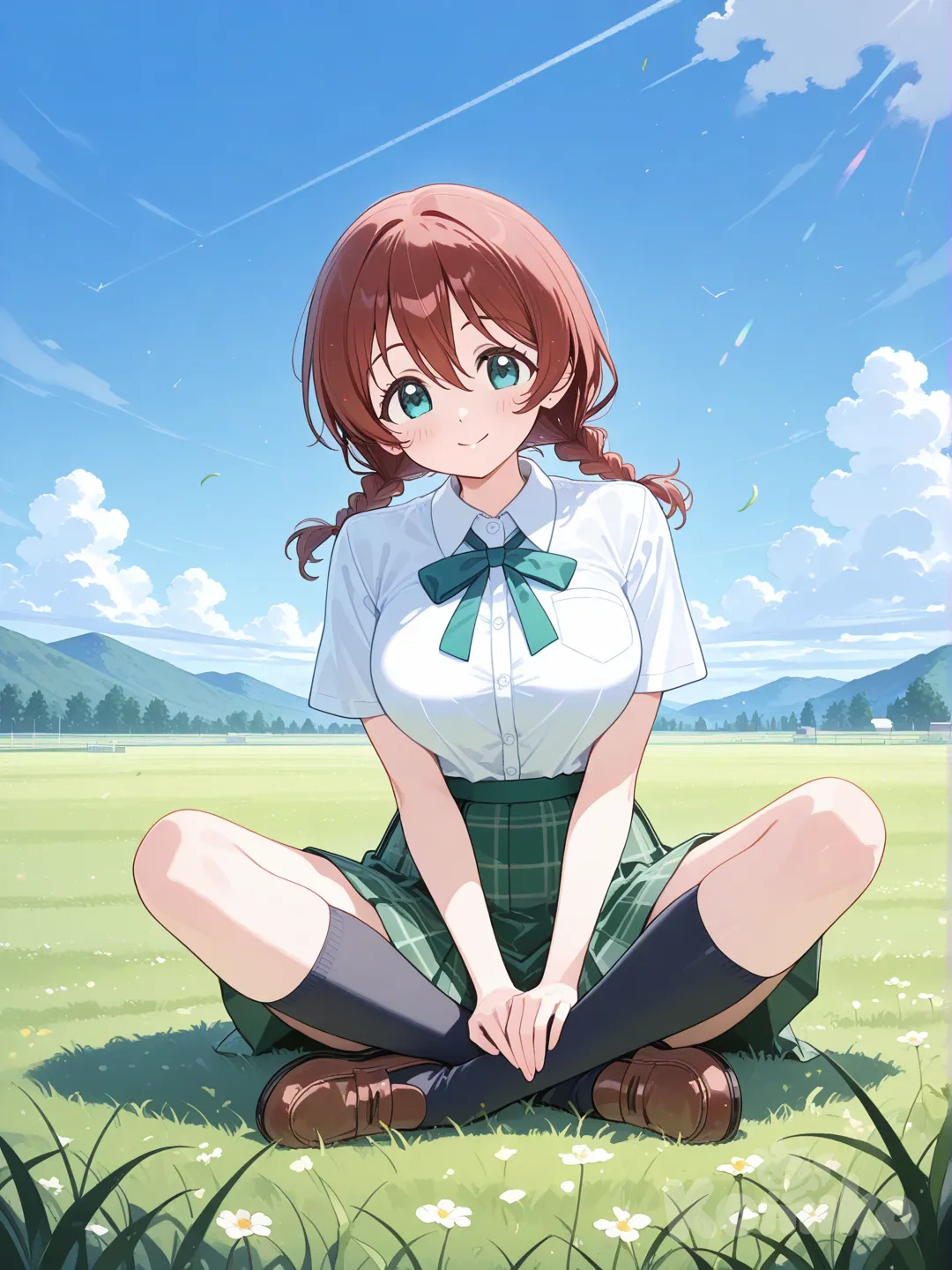 1girl, Emma Verde, full body, smile, indian style, school uniform, blue sky, cloud, grassland, sitting on the ground, on grass