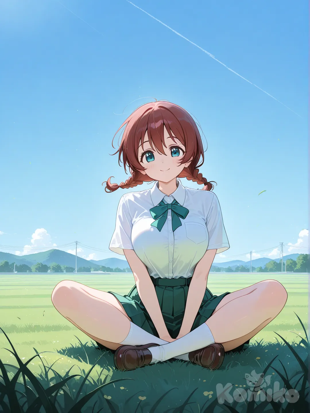 @Emma_Verde, short sleeves, school uniform, sitting on the ground, on grass, full body, blue sky, grassland, indian style, crossed legs