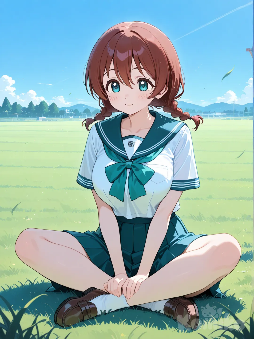 @Emma_Verde, short sleeves, school uniform, sitting on the ground, on grass, full body, blue sky, grassland, indian style, crossed legs