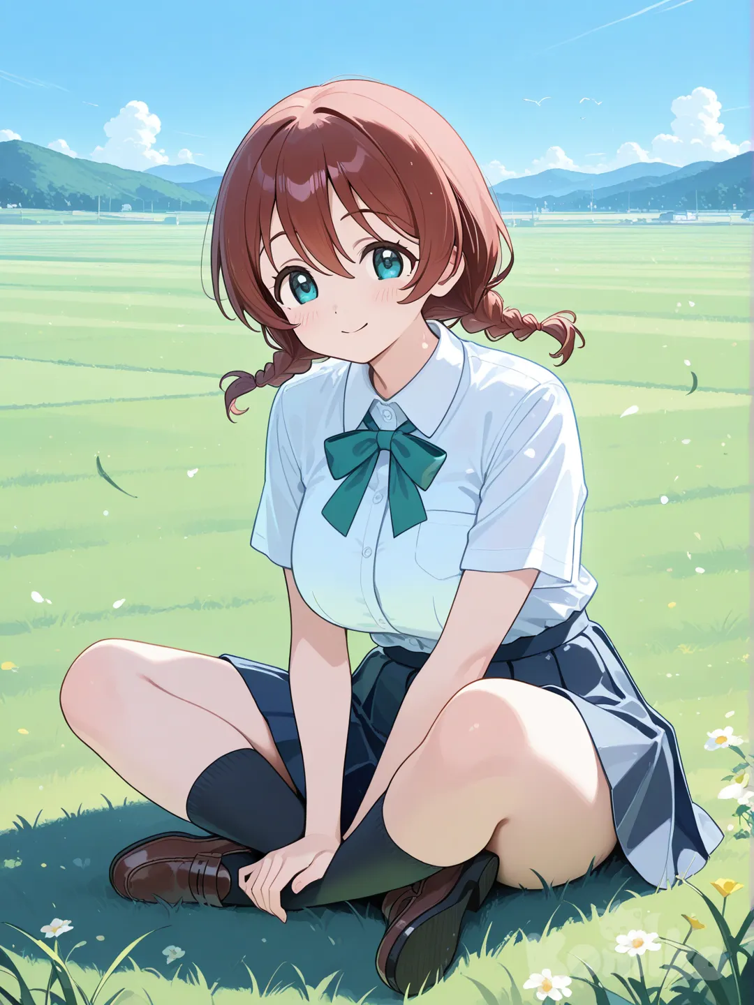1girl, Emma Verde, sitting, full body, smile, indian style, school uniform, sitting on the ground, crossed legs, blue sky, grassland, short sleeves