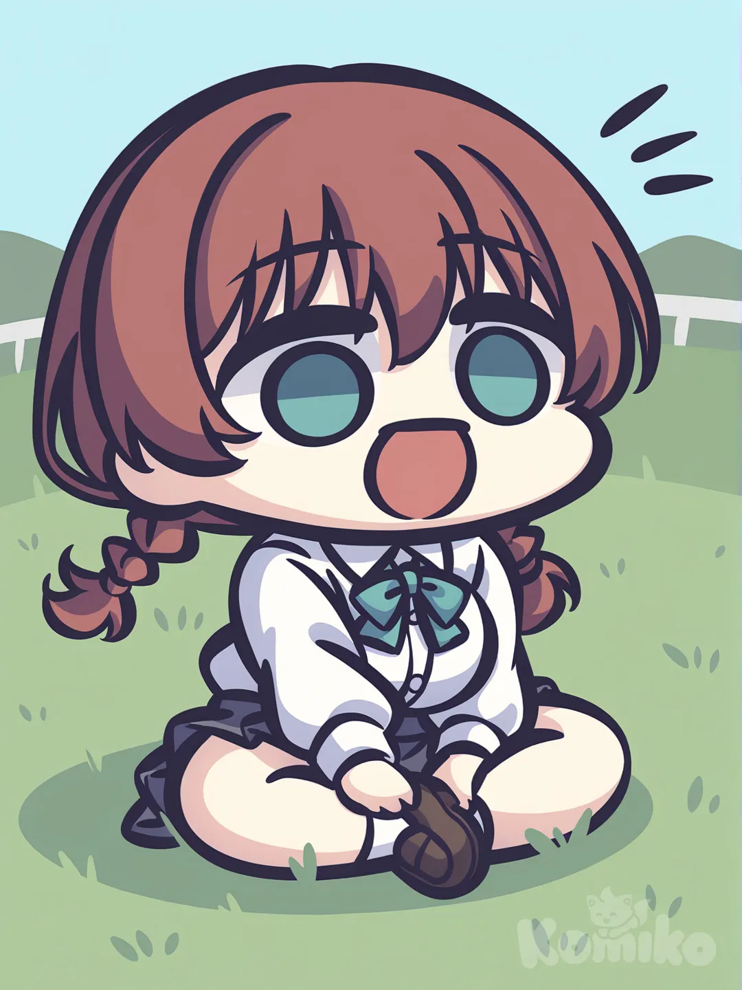1girl, Emma Verde, full body, indian style, school uniform, sitting on the ground, @Emma_Verde, crossed legs, blue sky, grassland, [vintage-chibi-style]