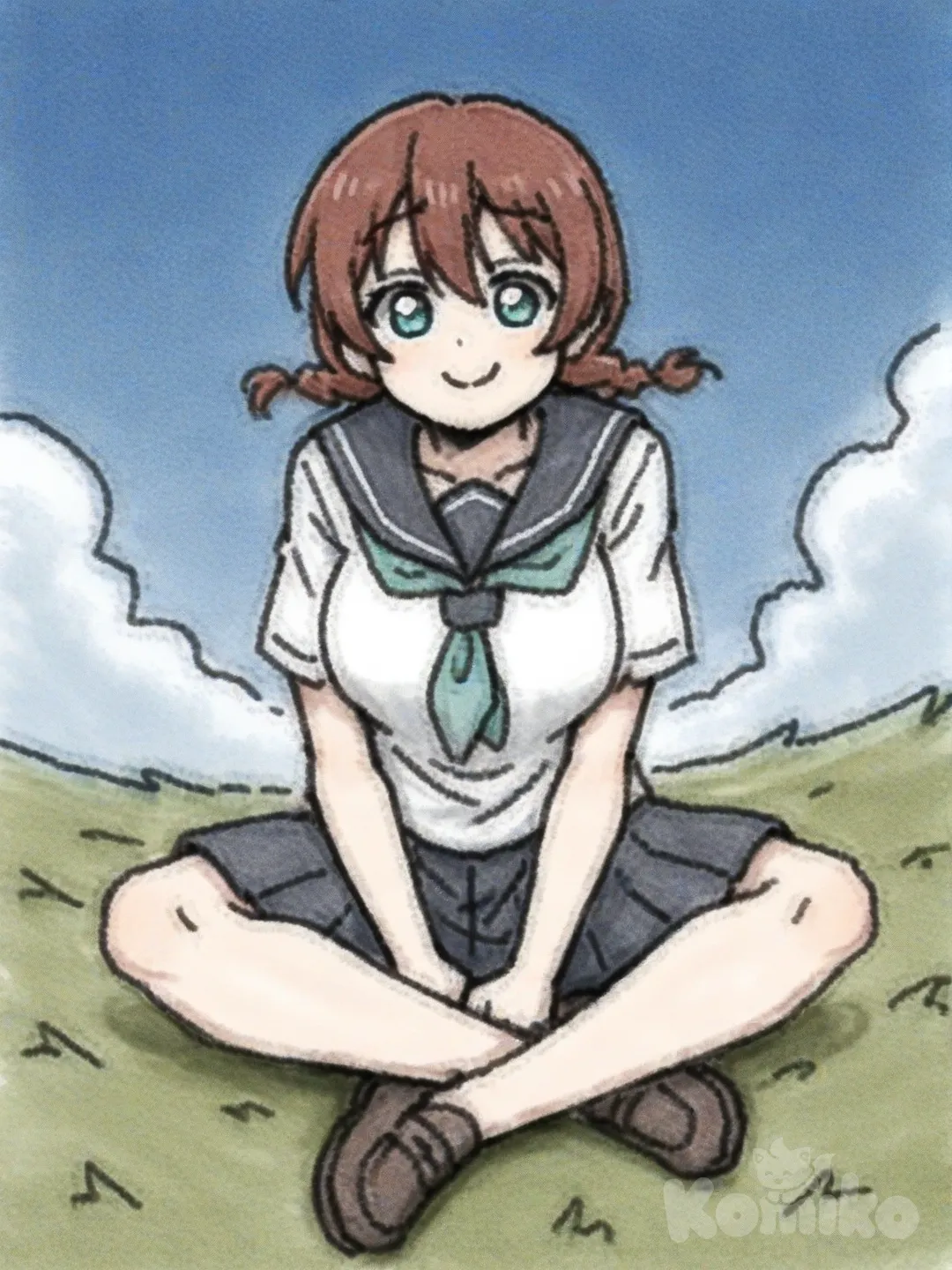 1girl, Emma Verde, full body, smile, indian style, school uniform, blue sky, cloud, grassland, sitting on the ground, on grass, crossed legs, [deep-fried-meme-style]