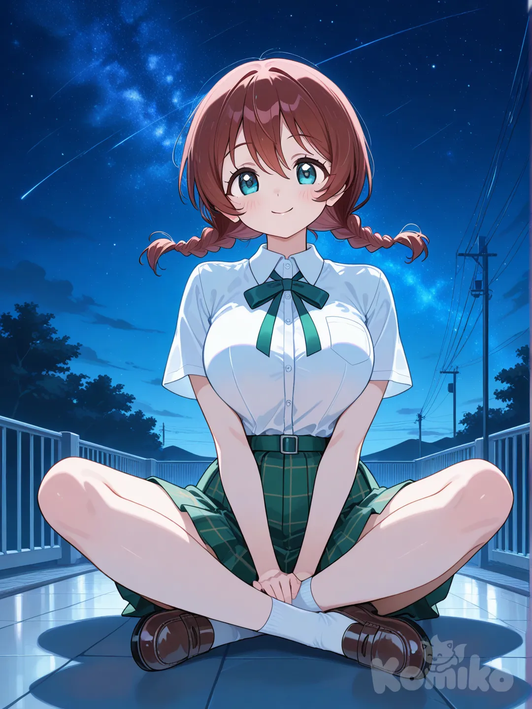 @Emma_Verde, 1girl, sitting on the ground, smile, school uniform, full body, starry sky, indian style, crossed legs, short sleeves
